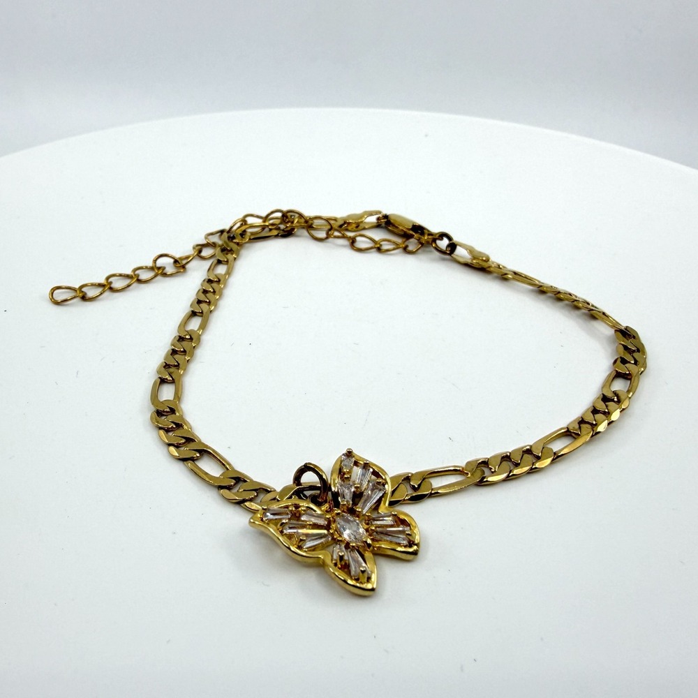 Gold Tone Butterfly Charm Bracelet Sparkling Clear Crystal Accents Figaro Chain